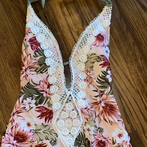 Kona sol floral appliqué plunge one piece swimsuit cottage chic